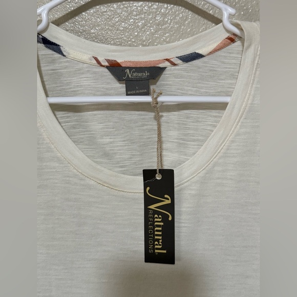 Natural Reflections W Sz L Cream Tunic LS Tee Plaid Fringe Hem Lightweight - Picture 6 of 7